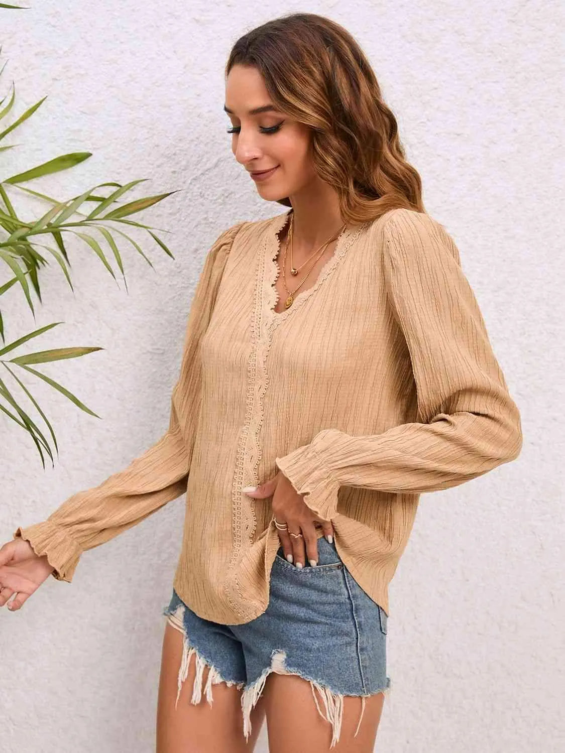 Lace Trim V-Neck Flounce Sleeve Blouse Blouses - Tophatter Daily Deals