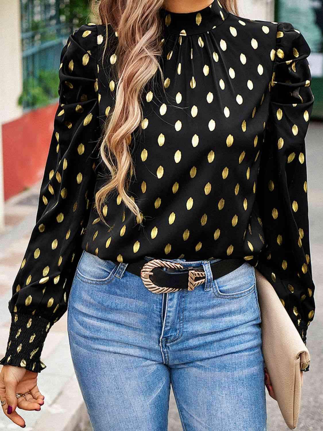 Printed Mock Neck Lantern Sleeve Blouse Blouses - Tophatter Daily Deals