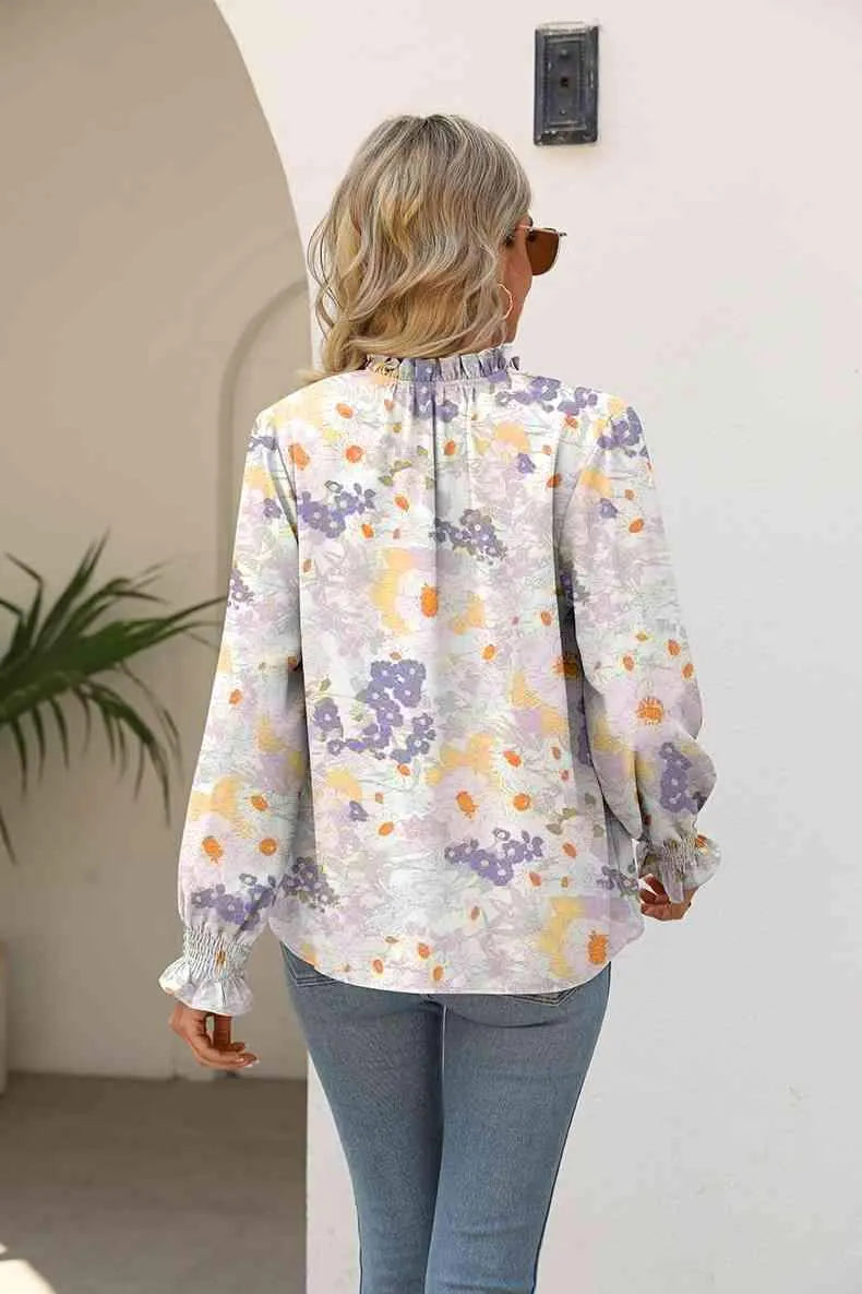 Printed Tie Neck Flounce Sleeve Blouse Blouses - Tophatter Daily Deals