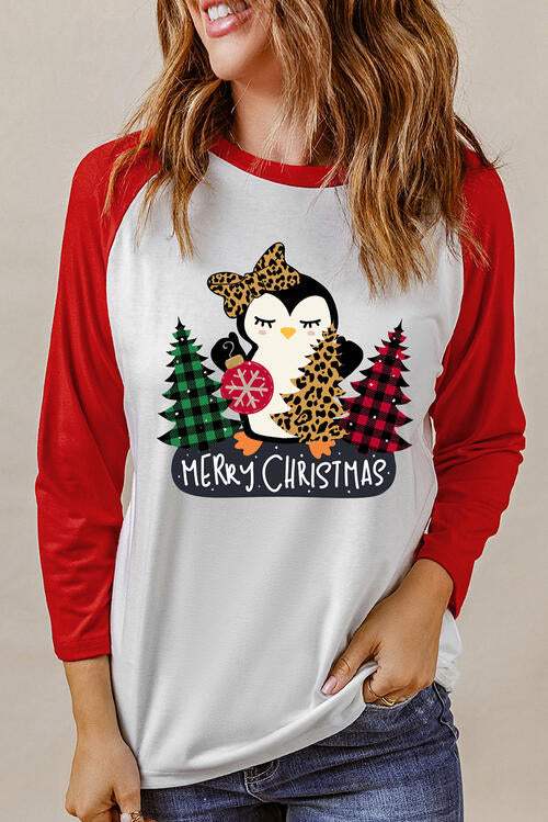 MERRY CHRISTMAS Penguin Round Neck Long Sleeve T-Shirt Deep Red Women's T-Shirts - Tophatter Daily Deals