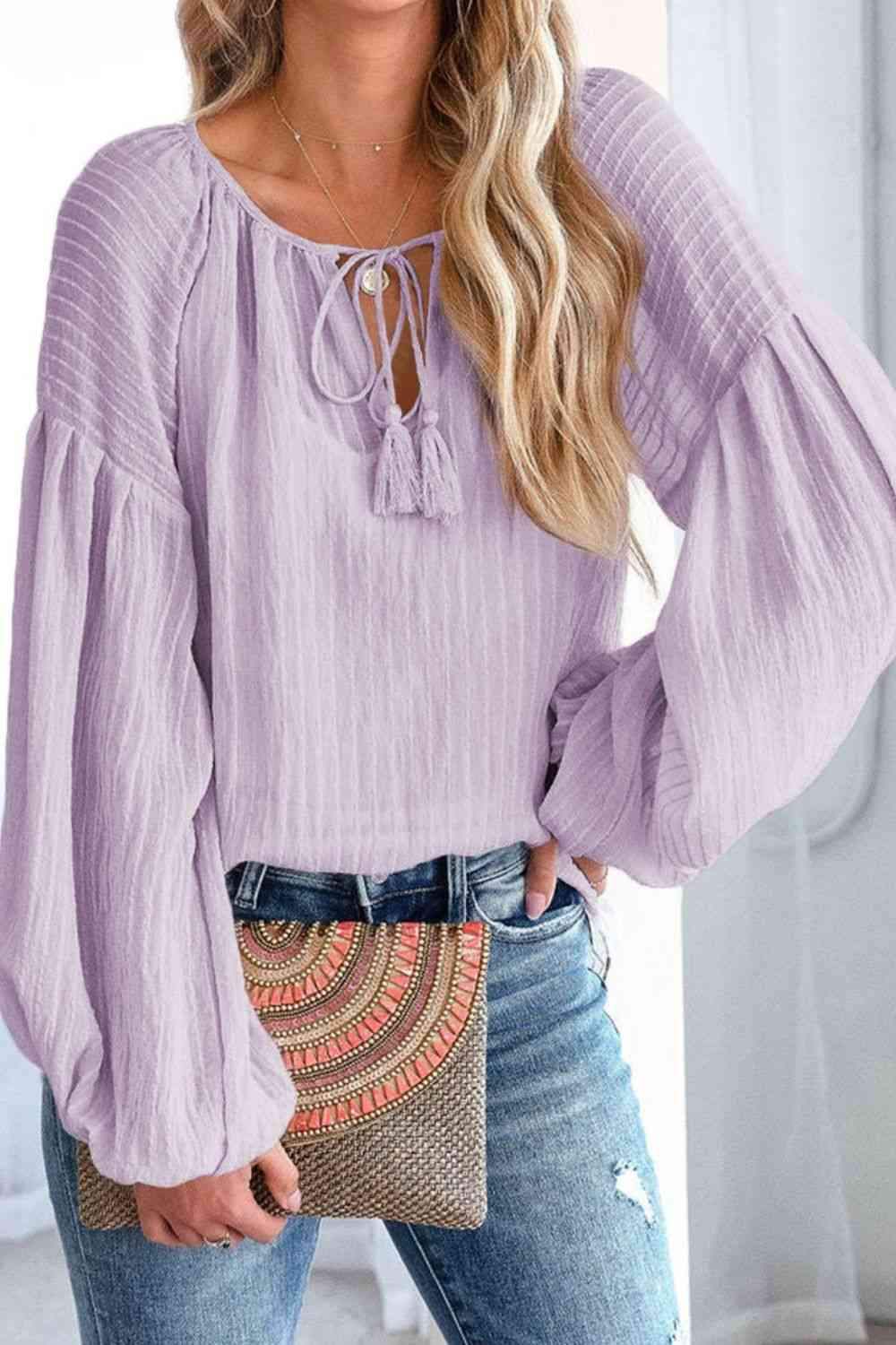 Tie Neck Dropped Shoulder Blouse Blouses - Tophatter Daily Deals