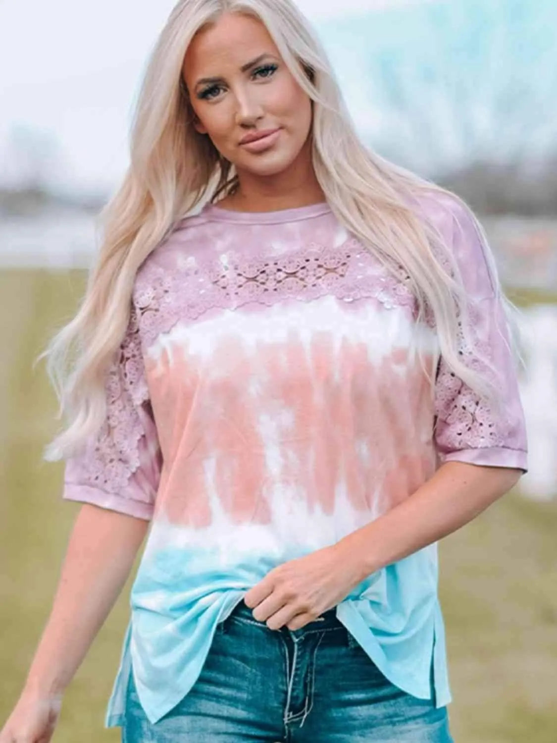 Tie-Dye Lace Trim Round Neck Top Multicolor Blouses - Tophatter Daily Deals