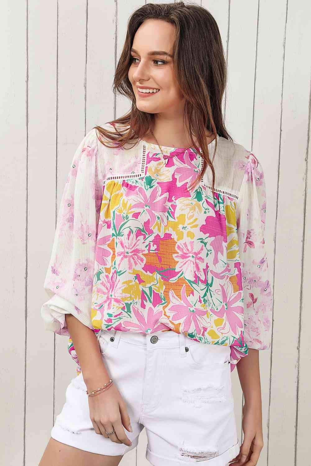 Double Take Floral Round Neck Flounce Sleeve Blouse Blouses - Tophatter Daily Deals