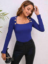 Decorative Button Long Sleeve Top Royal Blue Blouses - Tophatter Daily Deals