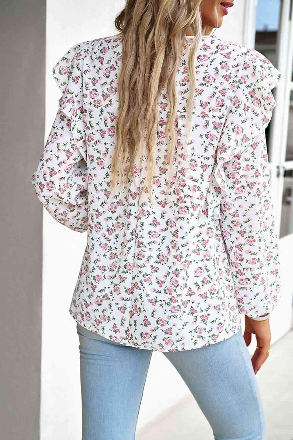 Printed Round Neck Long Sleeve Blouse Blouses - Tophatter Daily Deals