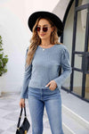 Round Neck Long Sleeve Ribbed Blouse Blouses - Tophatter Daily Deals