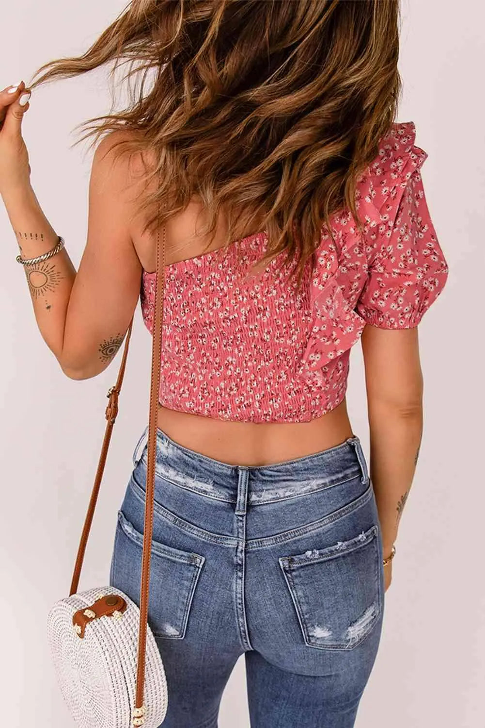 Ditsy Floral Ruffled One-Shoulder Smocked Top Blouses - Tophatter Daily Deals