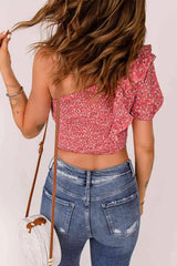 Ditsy Floral Ruffled One-Shoulder Smocked Top Blouses - Tophatter Daily Deals