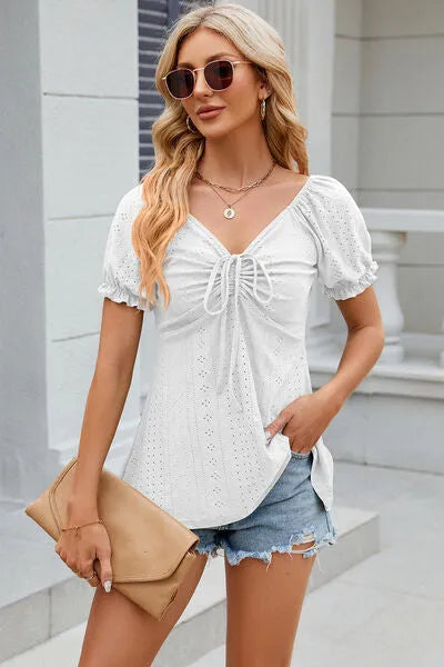 Eyelet Drawstring Short Sleeve T-Shirt White Women's T-Shirts - Tophatter Daily Deals