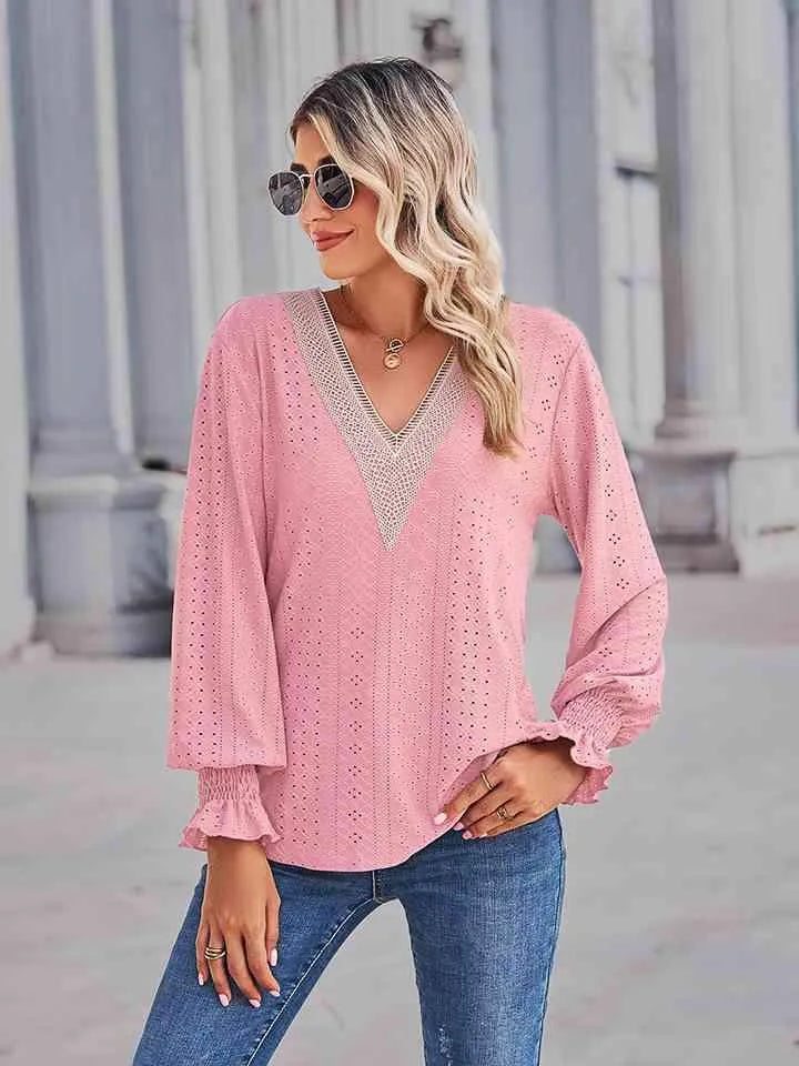 V-Neck Eyelet Flounce Sleeve Blouse Blouses - Tophatter Daily Deals