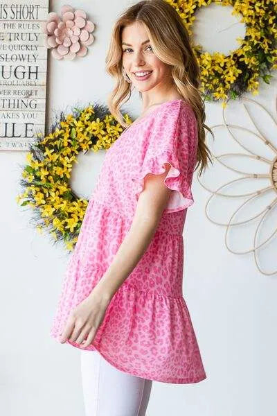 Heimish Full Size Leopard Ruffle Trim Short Sleeve Top Blouses - Tophatter Daily Deals