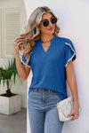 Pom-Pom Trim Petal Sleeve Notched Neck Top Cobalt Blue Blouses - Tophatter Daily Deals