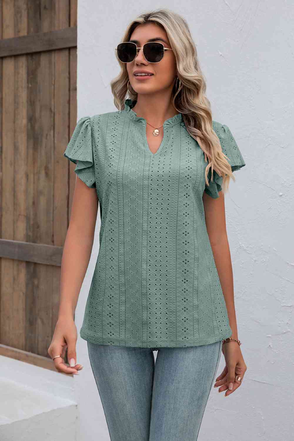 Eyelet Notched Neck Flutter Sleeve Top Women's T-Shirts - Tophatter Daily Deals