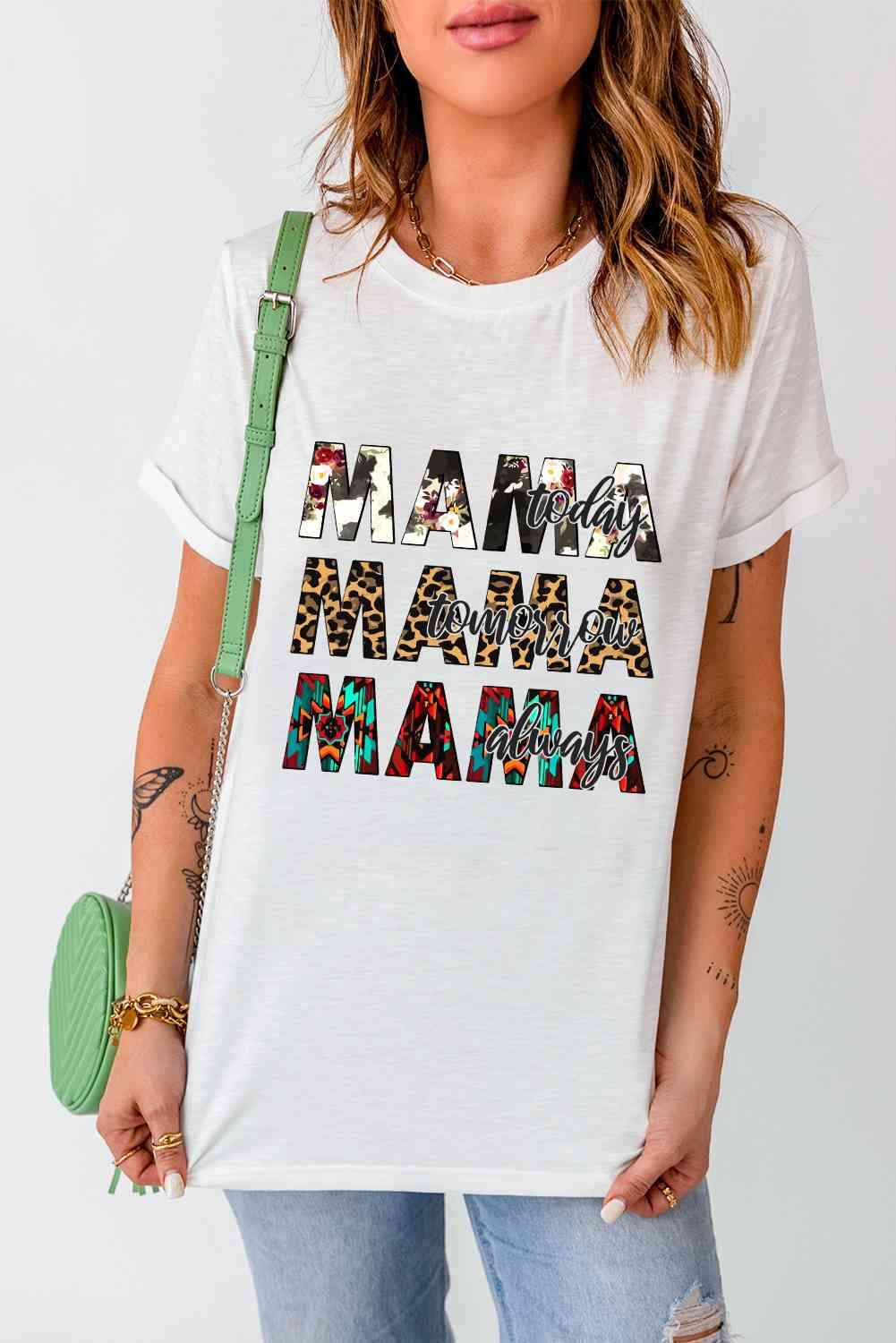 MAMA Graphic Cuffed Round Neck Tee Shirt Women's T-Shirts - Tophatter Daily Deals