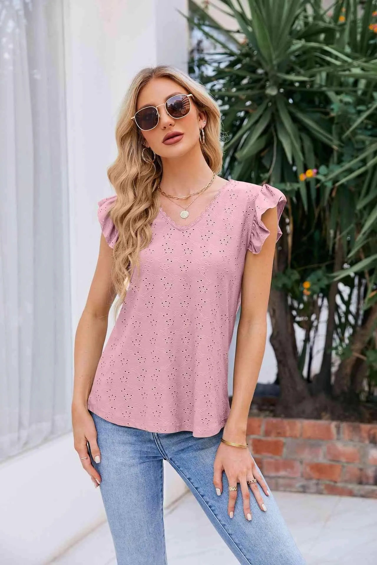 V-Neck Flutter Sleeve Eyelet Top Blush Pink Blouses - Tophatter Daily Deals