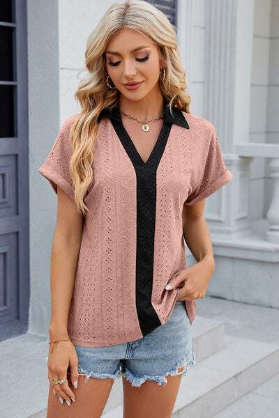 Eyelet Johnny Collar Short Sleeve T-Shirt Women's T-Shirts - Tophatter Daily Deals