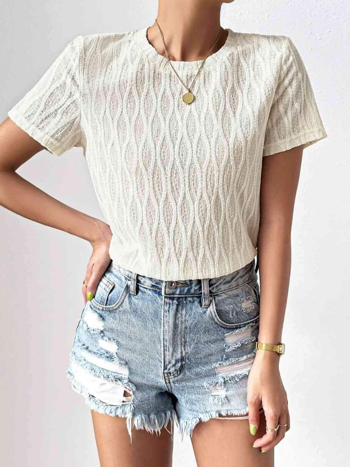 Textured Round Neck Crop Top Women's T-Shirts - Tophatter Daily Deals