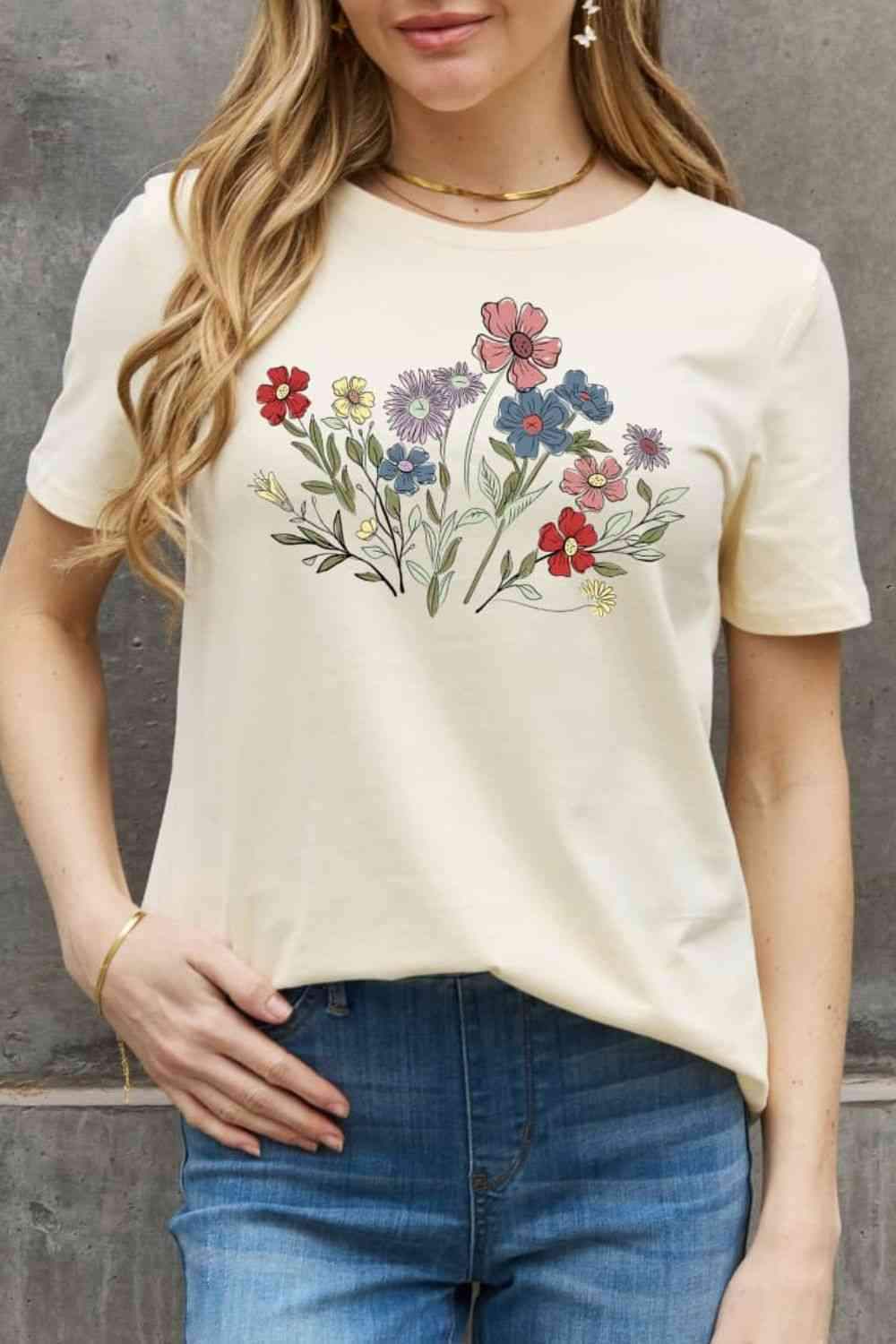 Simply Love Simply Love Full Size Flower Graphic Cotton Tee Ivory Women's T-Shirts - Tophatter Daily Deals