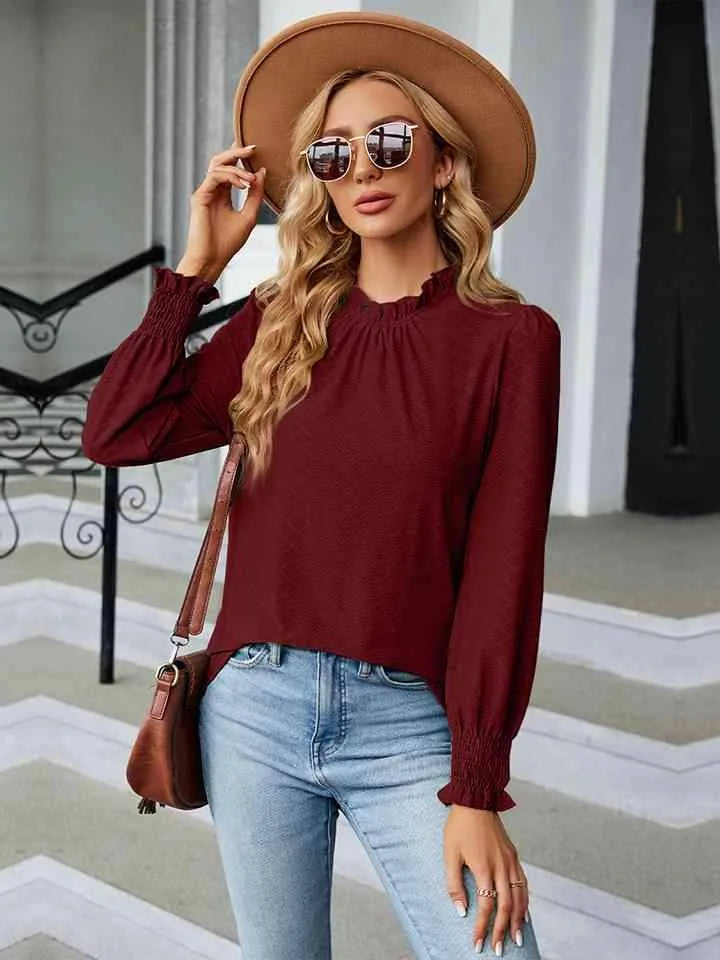 Round Neck Flounce Sleeve Blouse Wine Blouses - Tophatter Daily Deals