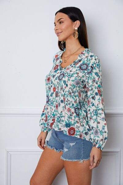 Floral Notched Long Sleeve Blouse Blouses - Tophatter Daily Deals