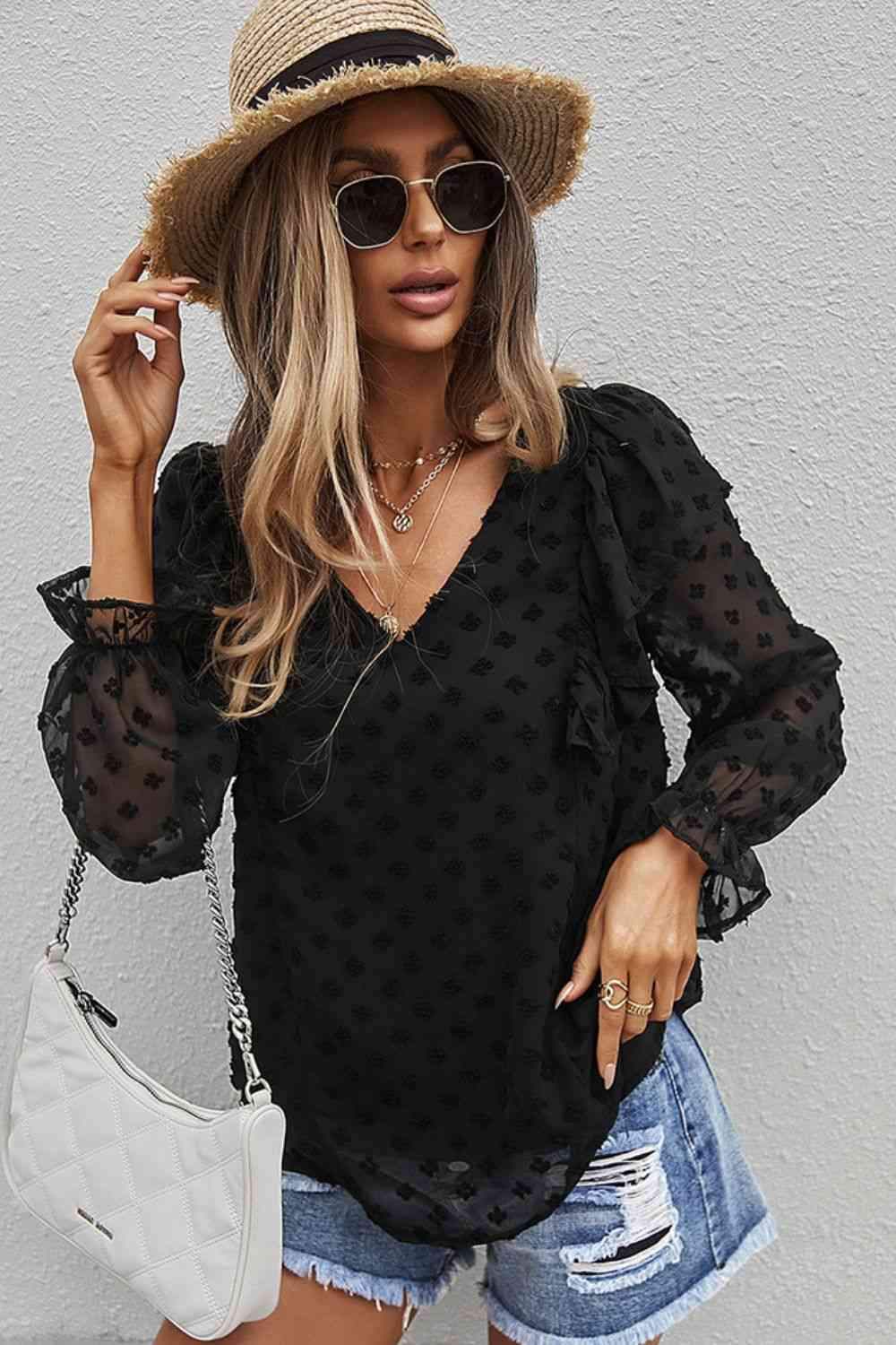 Swiss Dot Ruffle Shoulder Long Sleeve Blouse Black Blouses - Tophatter Daily Deals