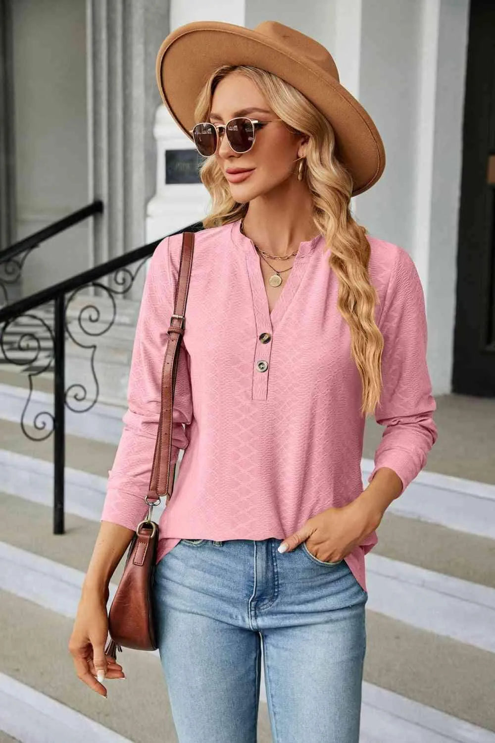 Notched Neck Long Sleeve Buttoned Blouse Fuchsia Pink Blouses - Tophatter Daily Deals