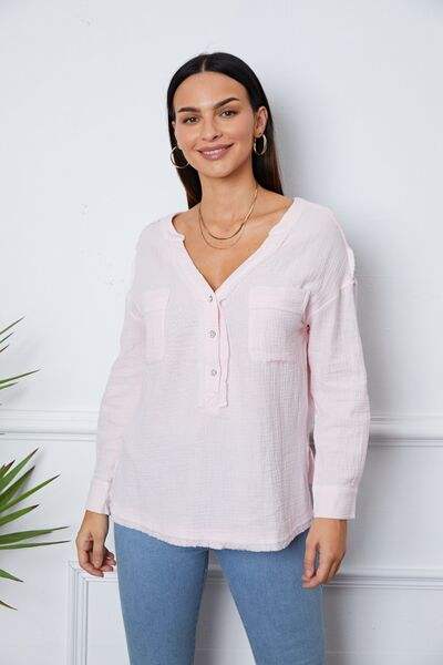 Texture Half Button Raw Hem Top Blush Pink Blouses - Tophatter Daily Deals