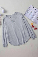 Button Detail Curved Hem Top Gray Blouses - Tophatter Daily Deals