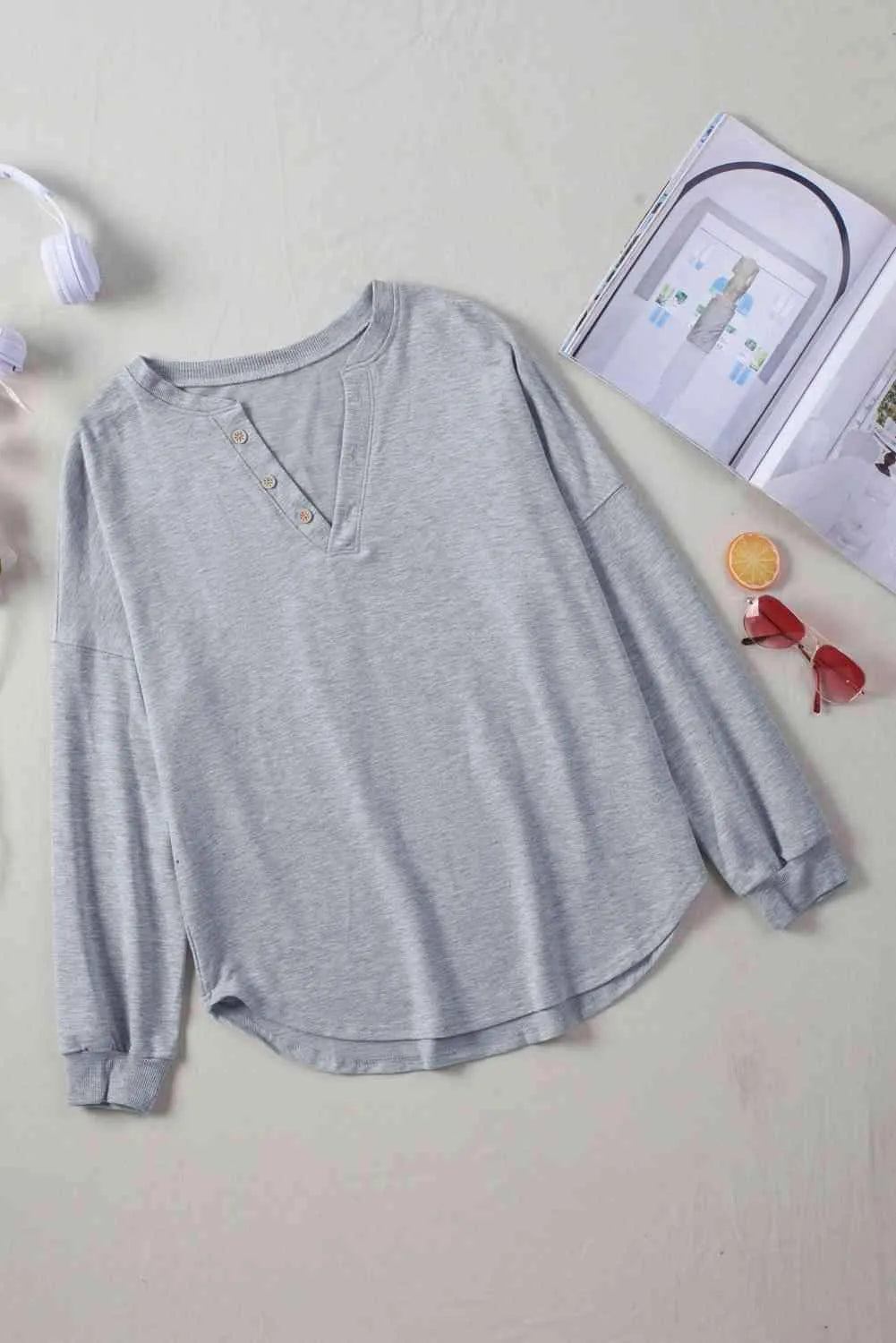 Button Detail Curved Hem Top Gray Blouses - Tophatter Daily Deals