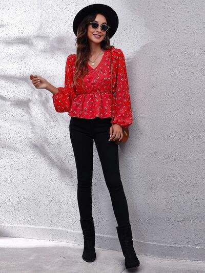 Floral V-Neck Balloon Sleeve Peplum Blouse Blouses - Tophatter Daily Deals