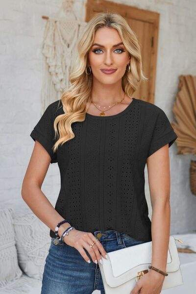 Eyelet Round Neck Rolled Short Sleeve T-Shirt Black Women's T-Shirts - Tophatter Daily Deals