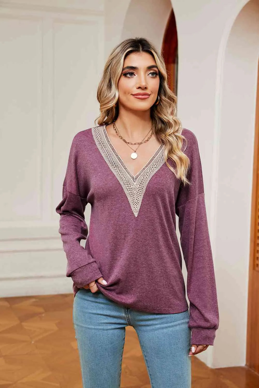 Contrast V-Neck Long Sleeve Blouse Blouses - Tophatter Daily Deals