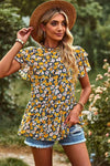 Round Neck Flutter Sleeve Peplum Blouse Mustard Blouses - Tophatter Daily Deals