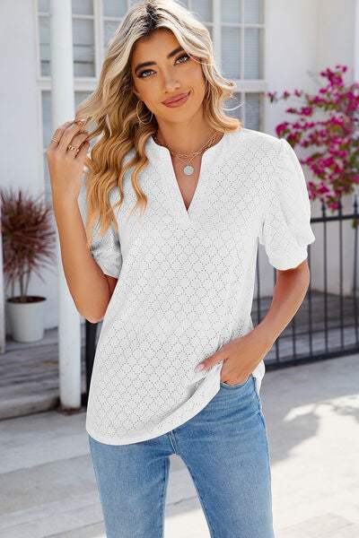 Eyelet Notched Puff Sleeve T-Shirt Women's T-Shirts - Tophatter Daily Deals