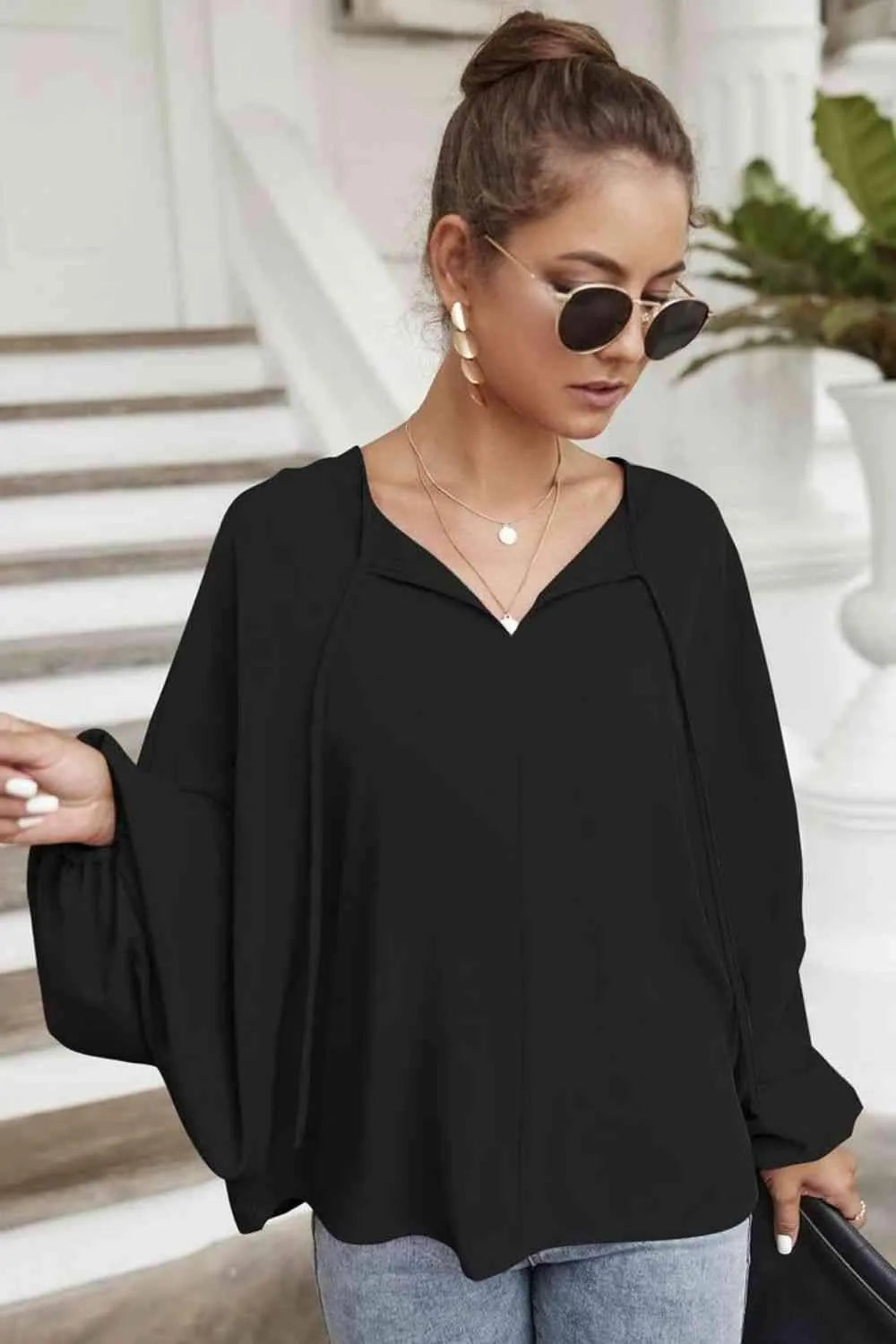 Tie Neck Balloon Sleeve Blouse Blouses - Tophatter Daily Deals