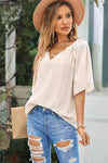 Gathered Detail Notched Neck Flutter Sleeve Top Blouses - Tophatter Daily Deals