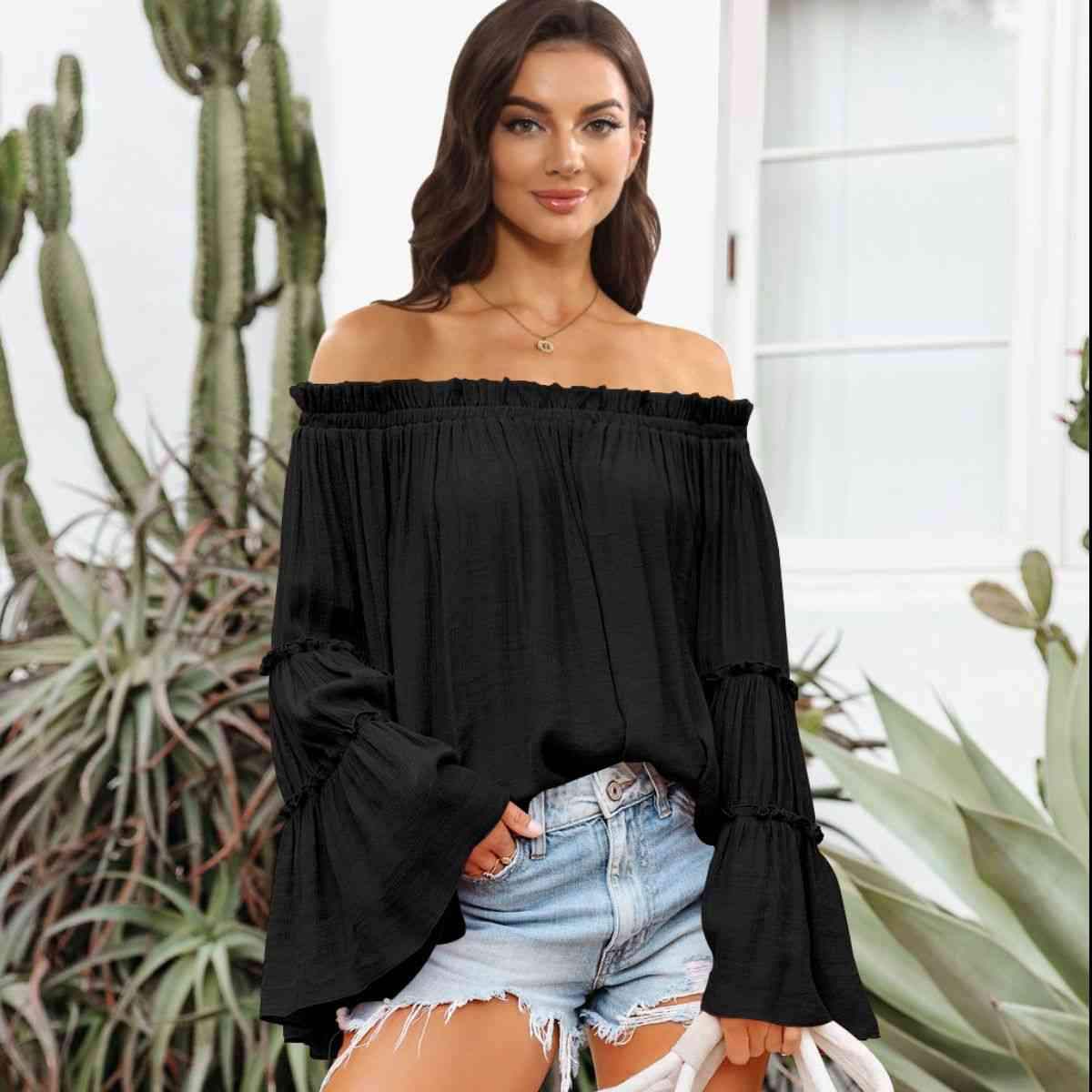 Off-Shoulder Frill Trim Blouse Black Blouses - Tophatter Daily Deals