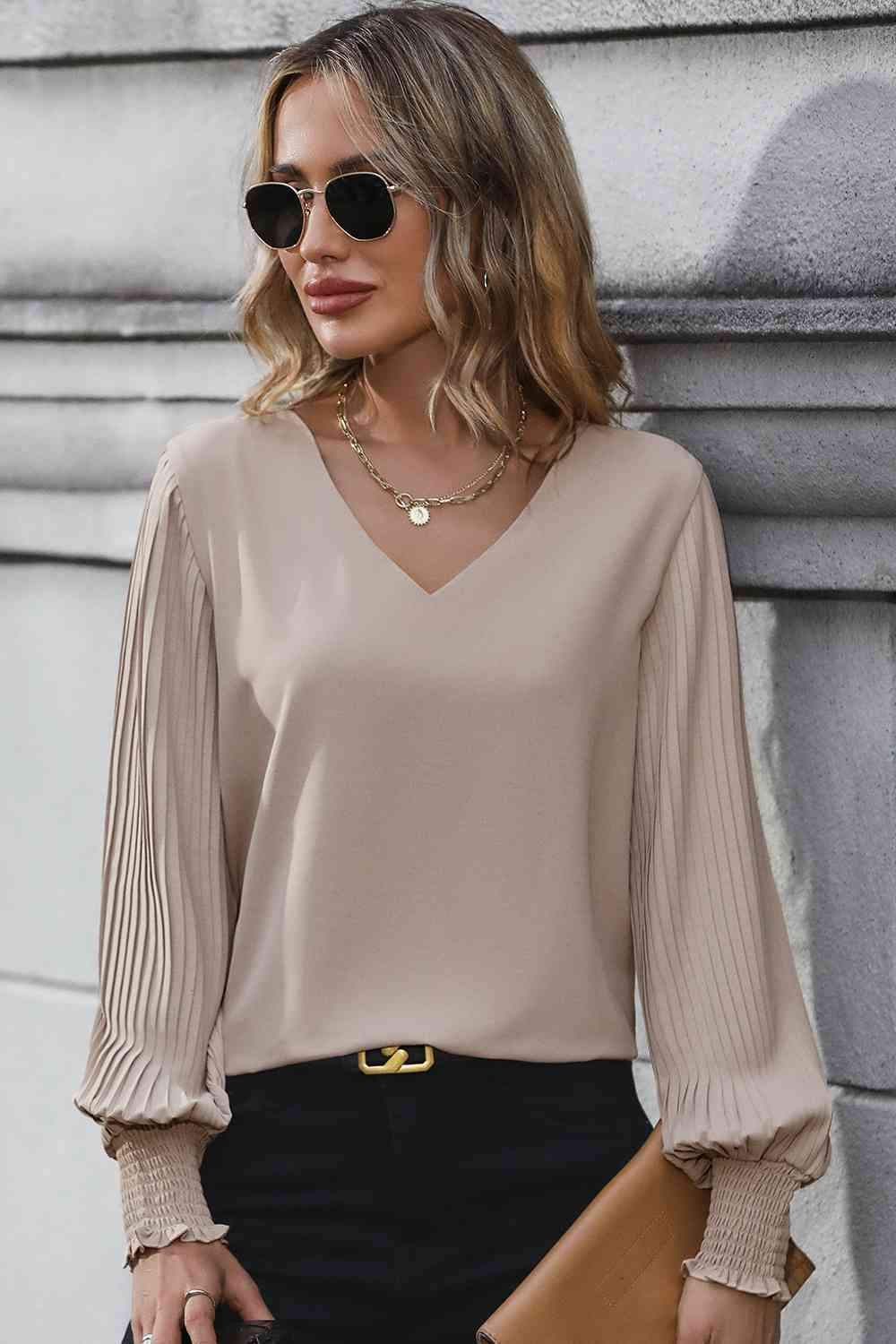 Pleated Lantern Sleeve V-Neck Blouse Mocha Blouses - Tophatter Daily Deals