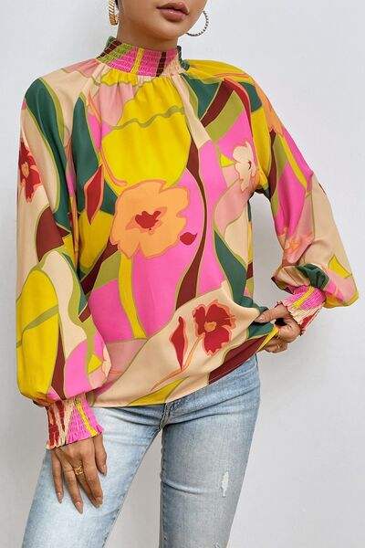 Floral Smocked Lantern Sleeve Mock Neck Blouse Multicolor Blouses - Tophatter Daily Deals