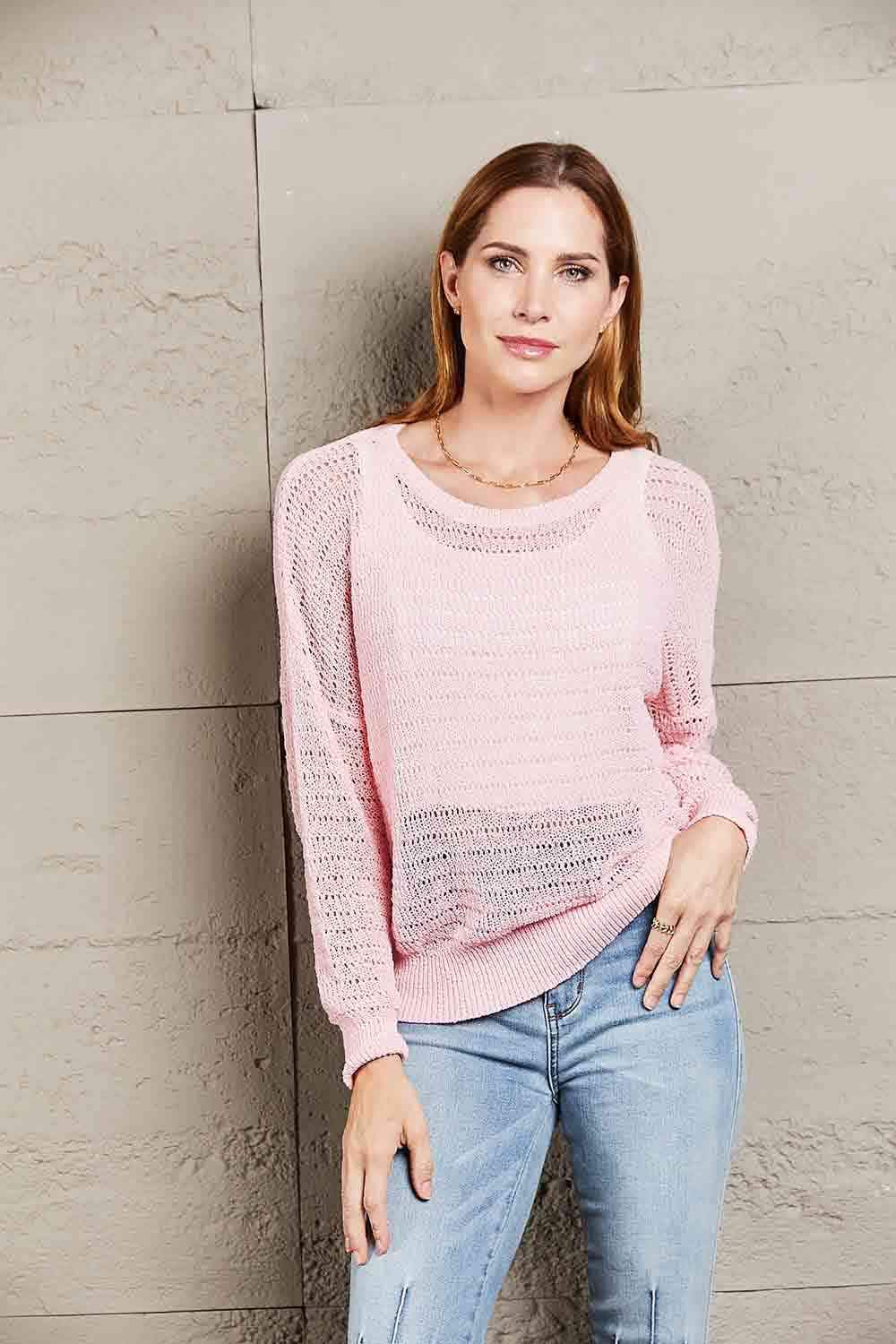 Double Take Openwork Round Neck Dropped Shoulder Knit Top Blush Pink Blouses - Tophatter Daily Deals
