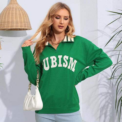 Letter Graphic Half Zip Blouse Mid Green Blouses - Tophatter Daily Deals