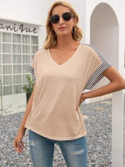Striped V-Neck Short Sleeve T-Shirt Ivory Women's T-Shirts - Tophatter Daily Deals