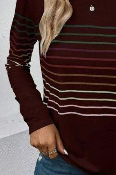 Striped Round Neck Long Sleeve T-Shirt Women's T-Shirts - Tophatter Daily Deals