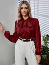 Tie Neck Long Puff Sleeve Blouse Wine Blouses - Tophatter Daily Deals