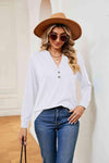 Buttoned Notched Neck Long Sleeve Top White Blouses - Tophatter Daily Deals