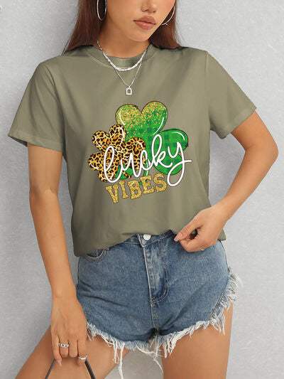 LUCKY VIBES Round Neck Short Sleeve T-Shirt Women's T-Shirts - Tophatter Daily Deals