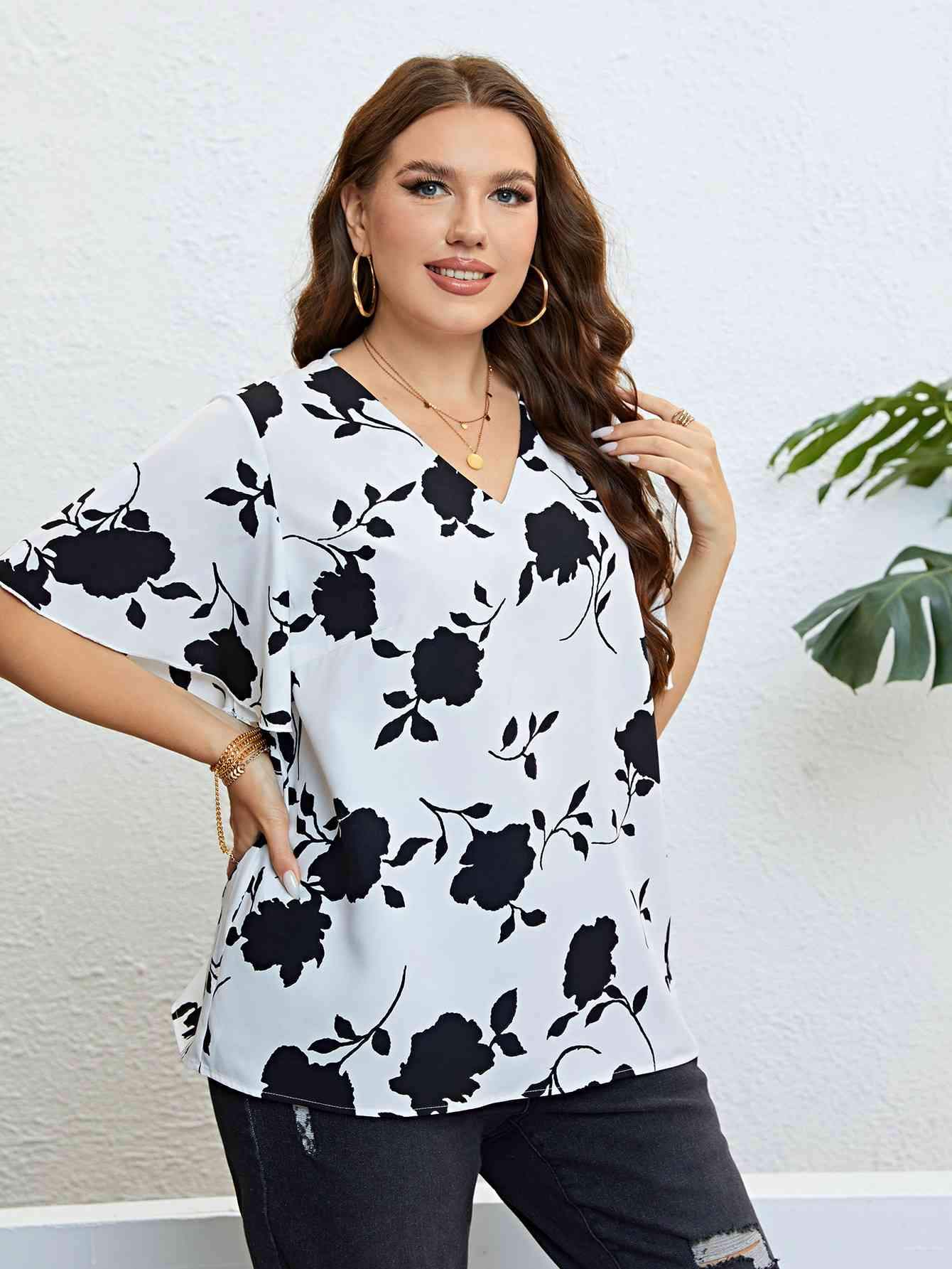 Floral V-Neck Flutter Sleeve Blouse Blouses - Tophatter Daily Deals