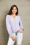 Double Take Eyelet V-Neck Flounce Sleeve Blouse Lavender Blouses - Tophatter Daily Deals