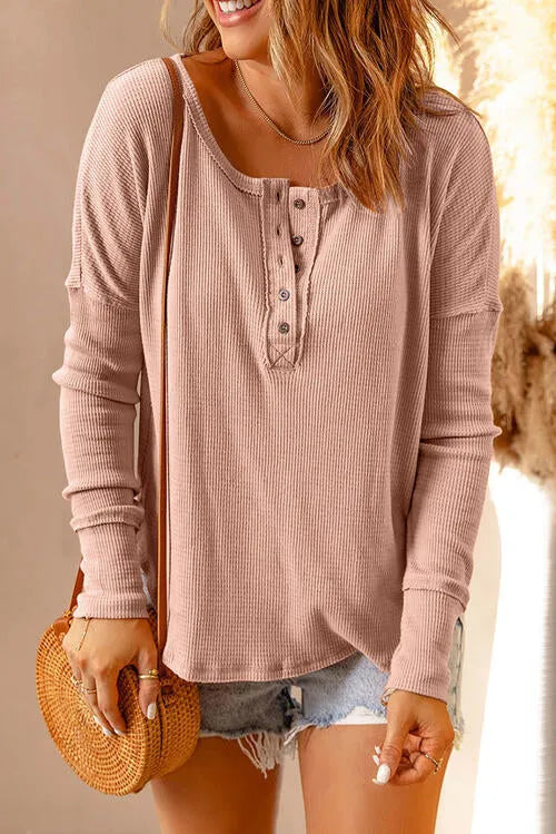 Waffle Knit Henley Long Sleeve Top Blush Pink Blouses - Tophatter Daily Deals