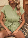 Tied Notched Short Sleeve Babydoll Blouse Blouses - Tophatter Daily Deals